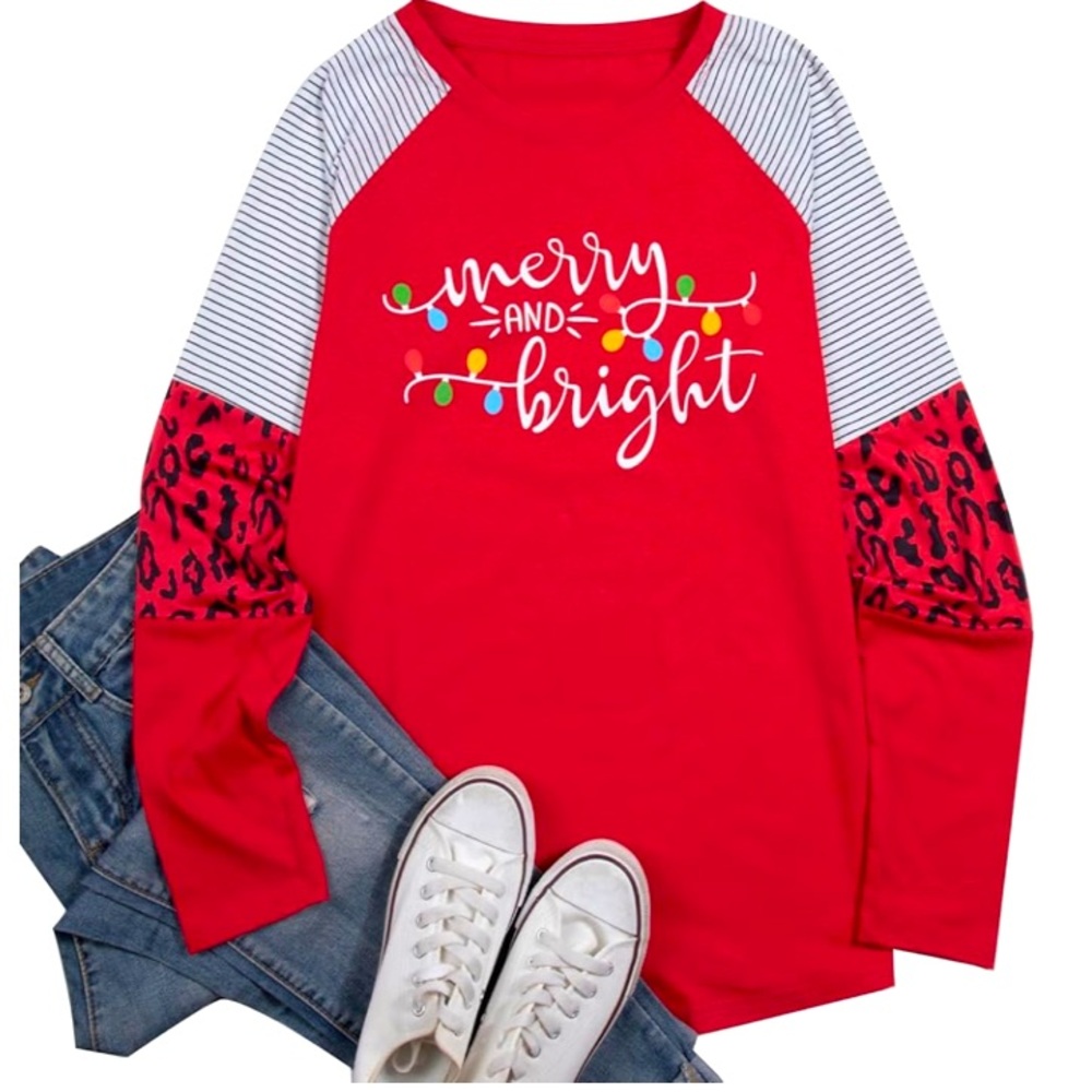FLOYU Christmas Merry and Bright T-Shirt   Baseball Style Women’s Sz S - Picture 4 of 8